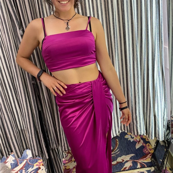Mable party prom event skirt crop top set satin pink fuchsia magenta   XS S M - Picture 3 of 4